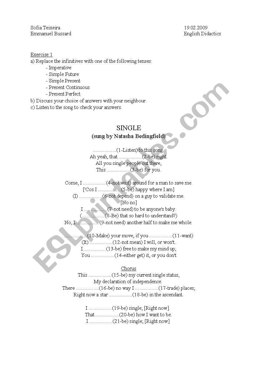 song different tenses worksheet