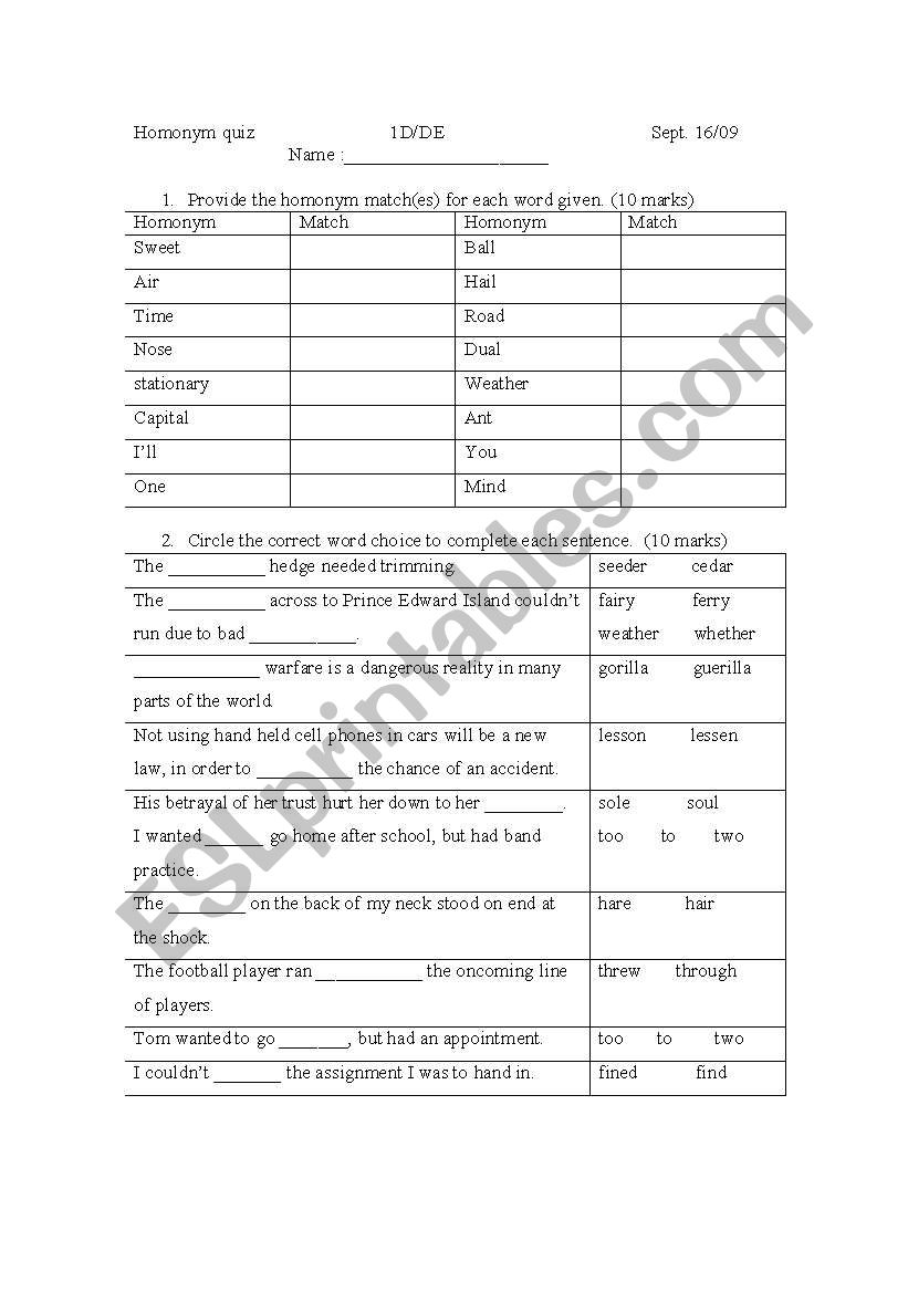 Homonym Quiz worksheet