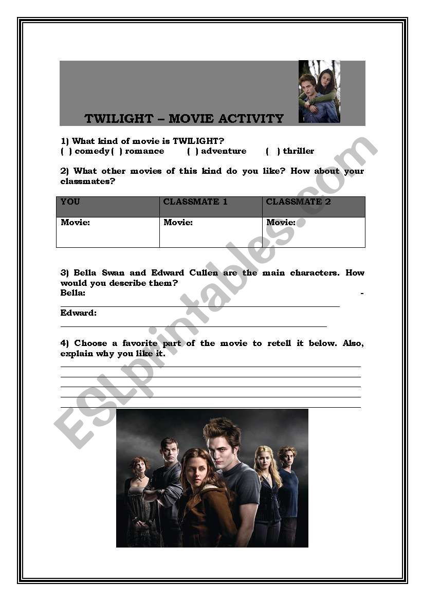 TWILIGHT MOVIE ACTIVITY worksheet