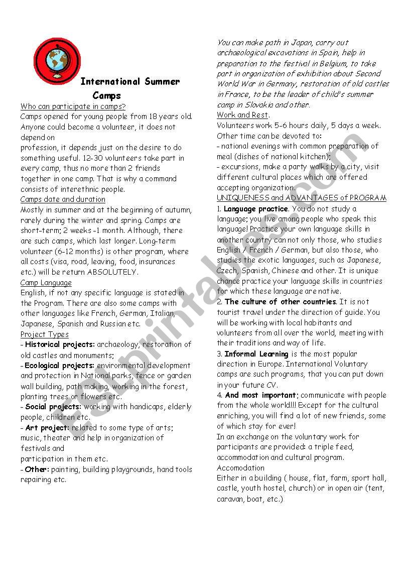 Summer international camps worksheet