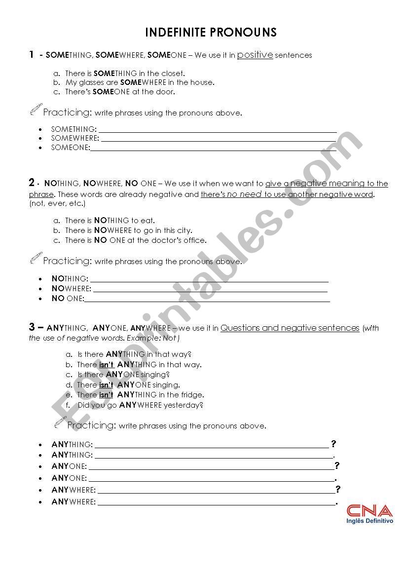 Indefinite pronouns worksheet