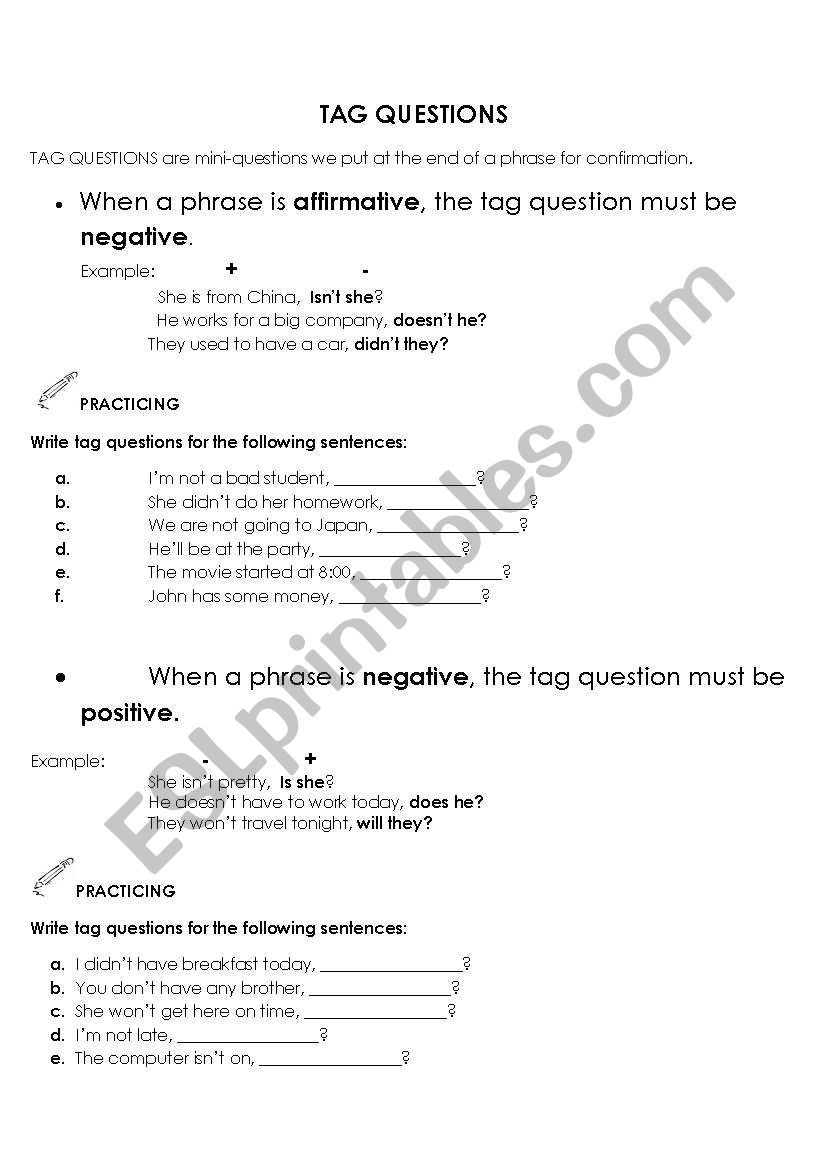 Tag questions worksheet