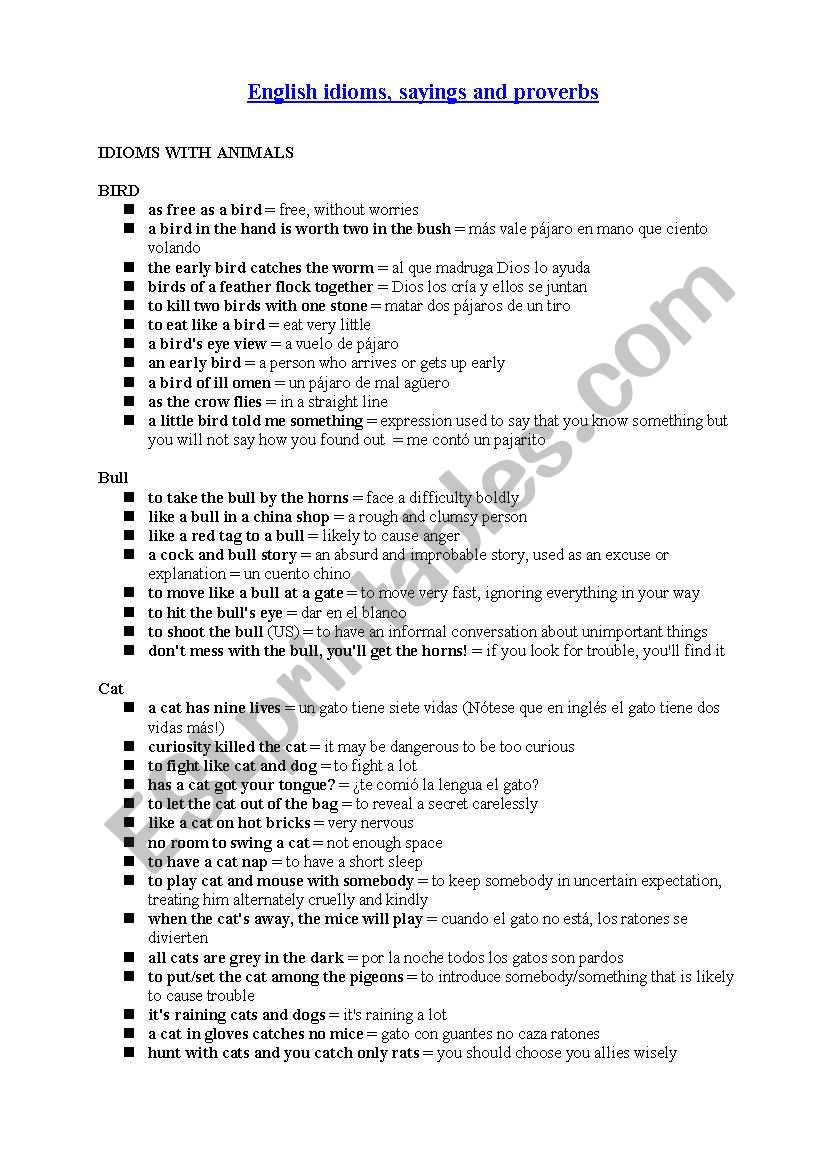 enlish idioms worksheet