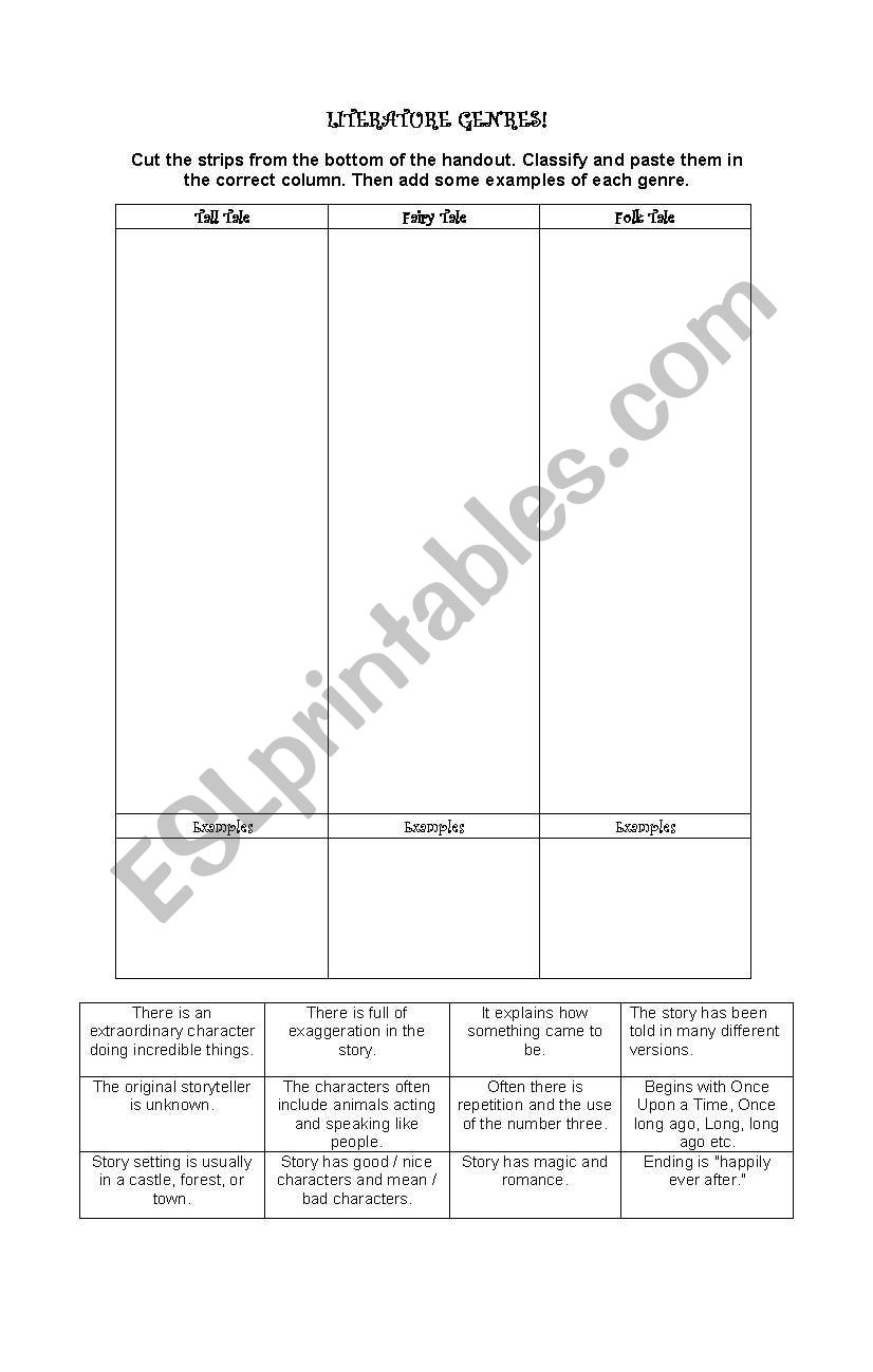 Literature Genres worksheet