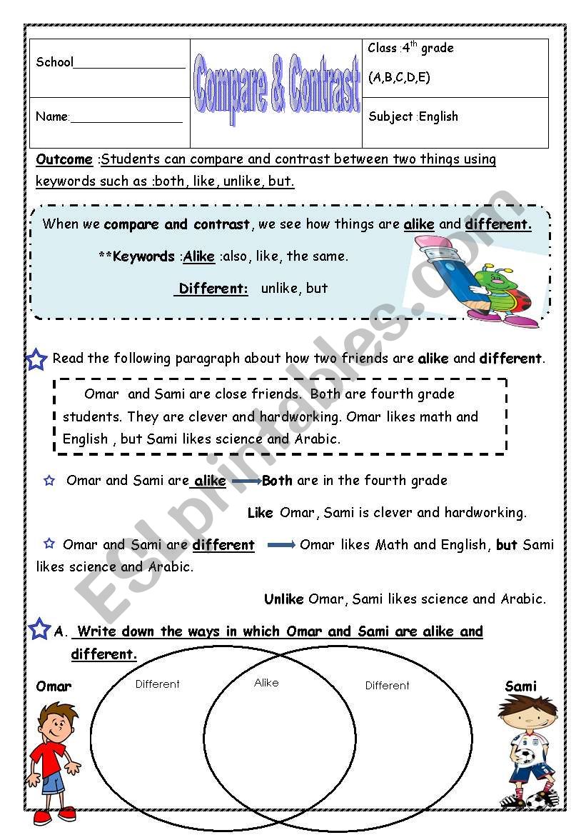 Compare And Contrast English Worksheets