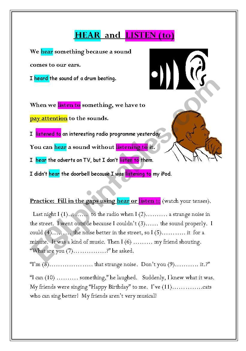HEAR and LISTEN (to) worksheet