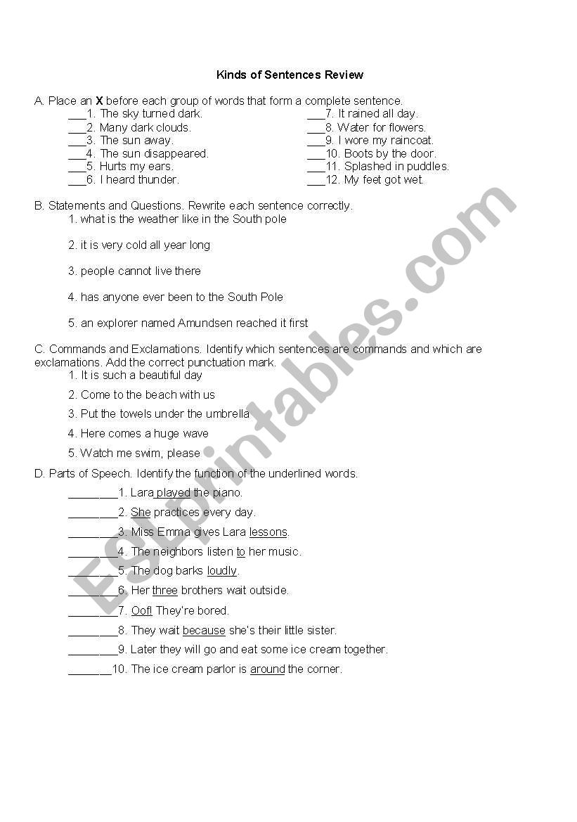 Kinds of Sentences Review worksheet