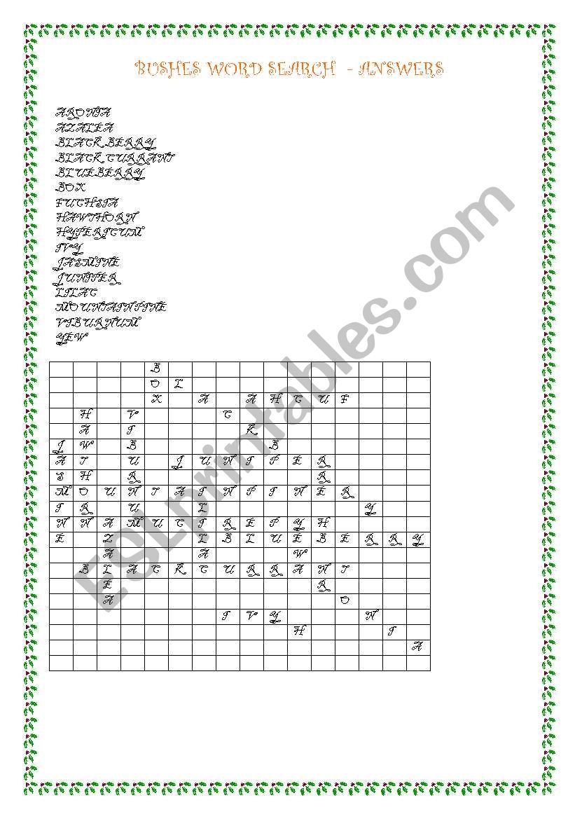 Bushes - Word search - Answers