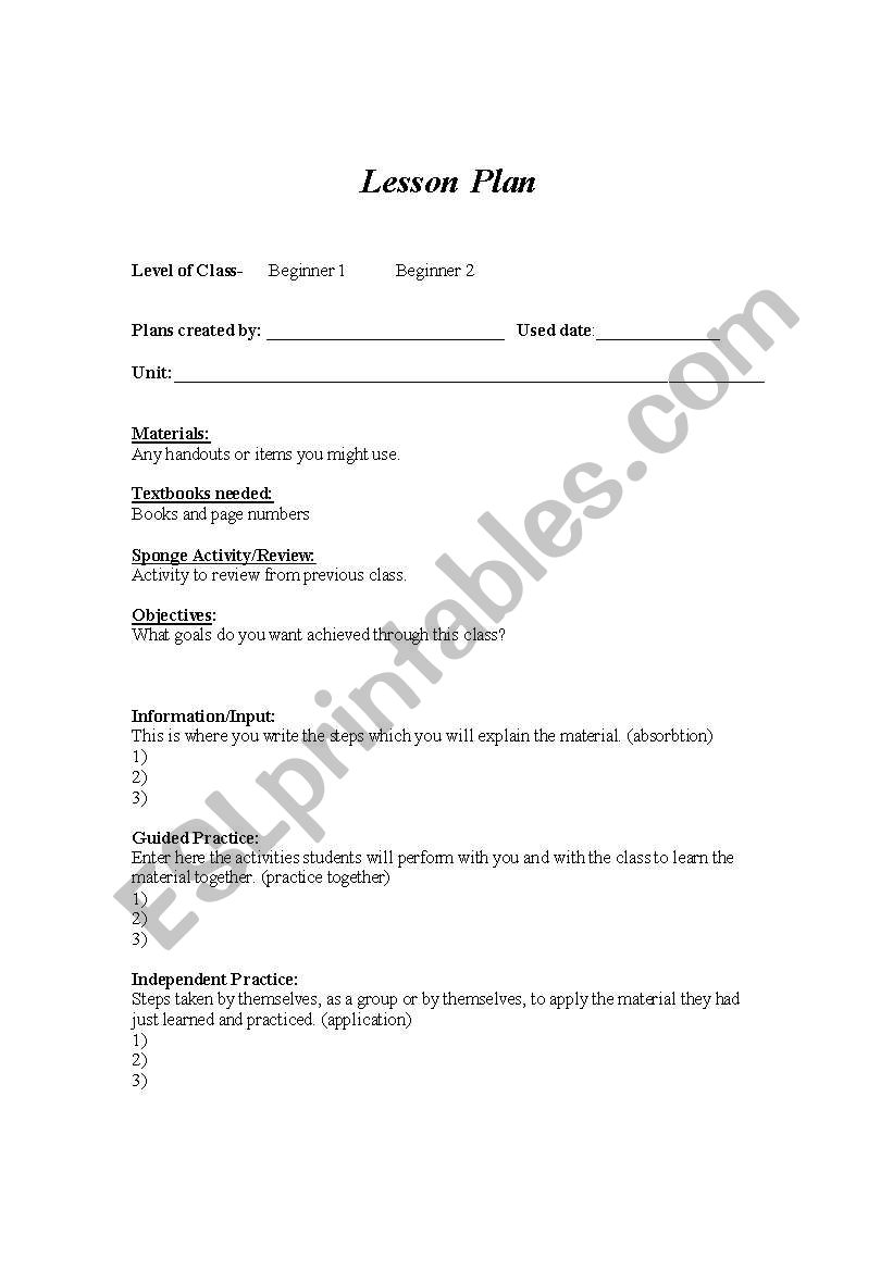 Lesson Plan Template worksheet