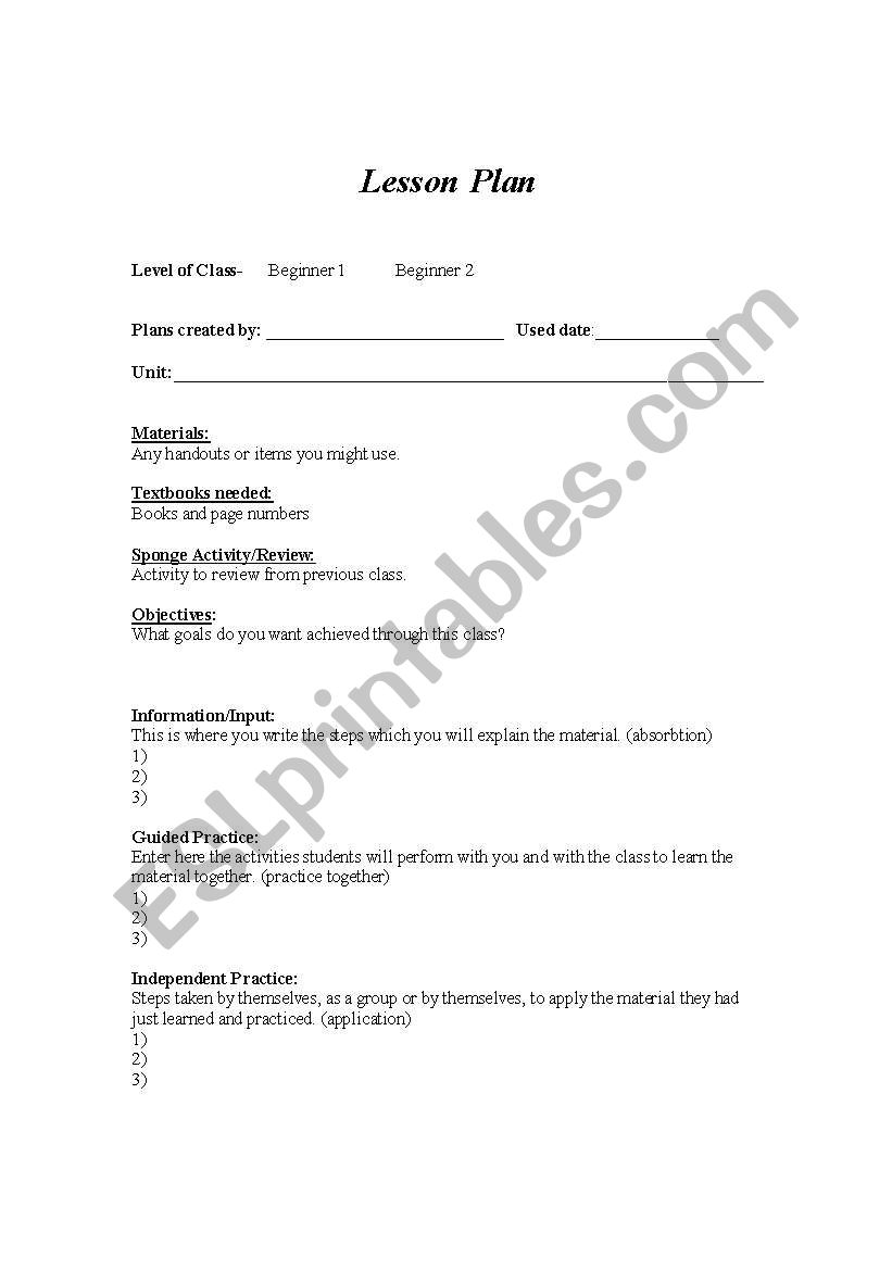 Lesson Plan Template worksheet