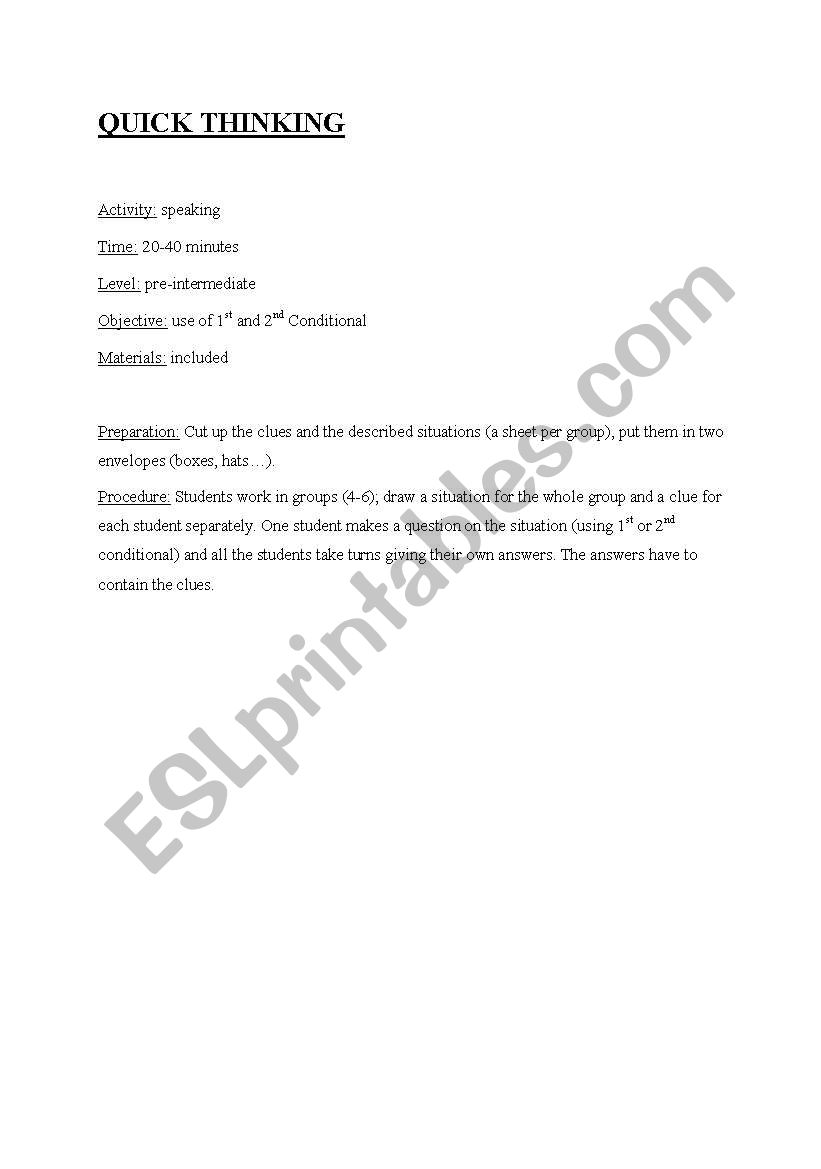 conditionals - quick thinking worksheet