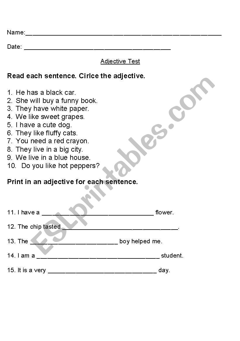 Adjective test worksheet