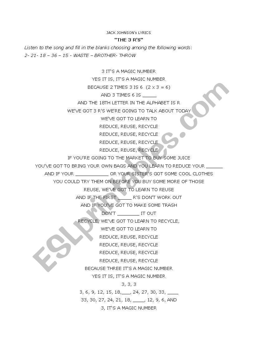 The 3 R- Jack Johnsons song worksheet