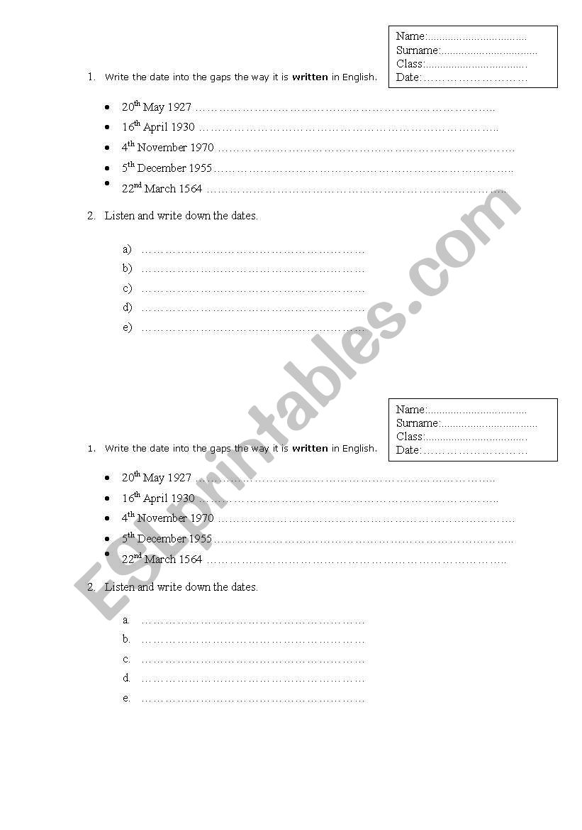 Dates worksheet