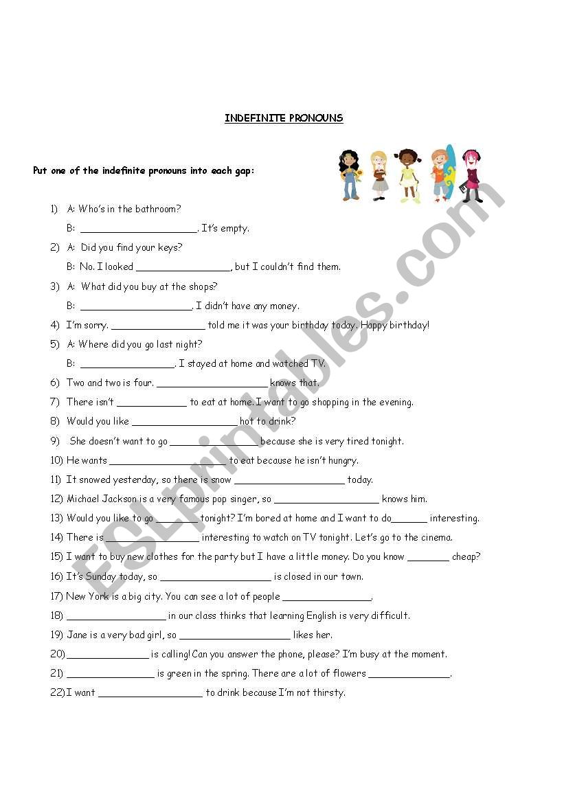 indefinite pronouns worksheet