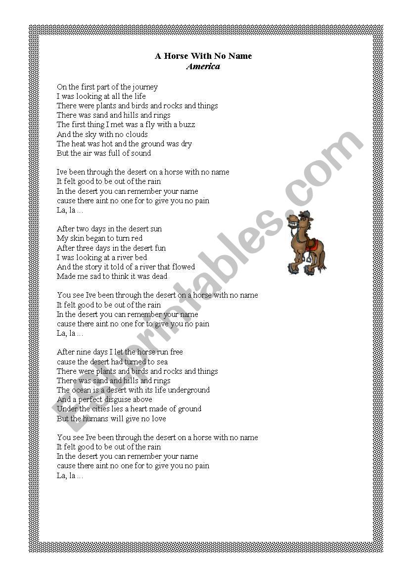 A horse with no name- song! worksheet