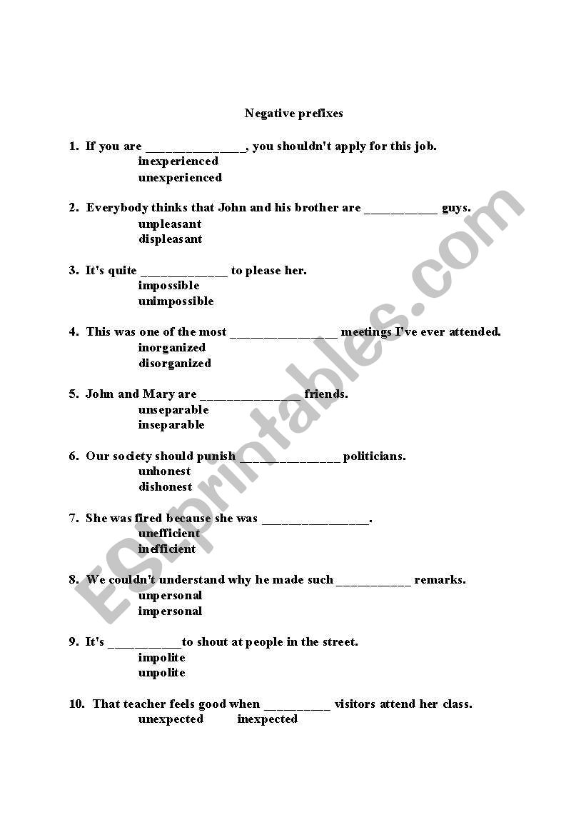 Negative prefixes  worksheet