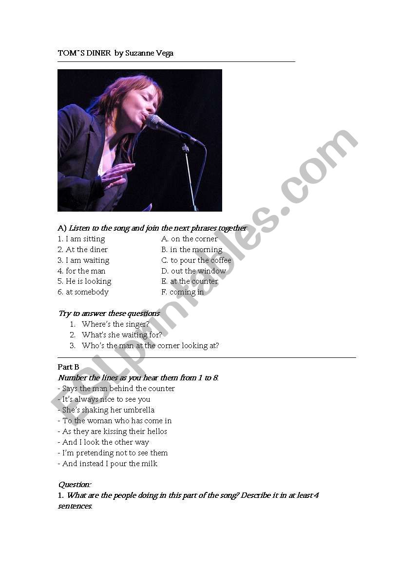 Toms Diner by Suzanne Vega worksheet