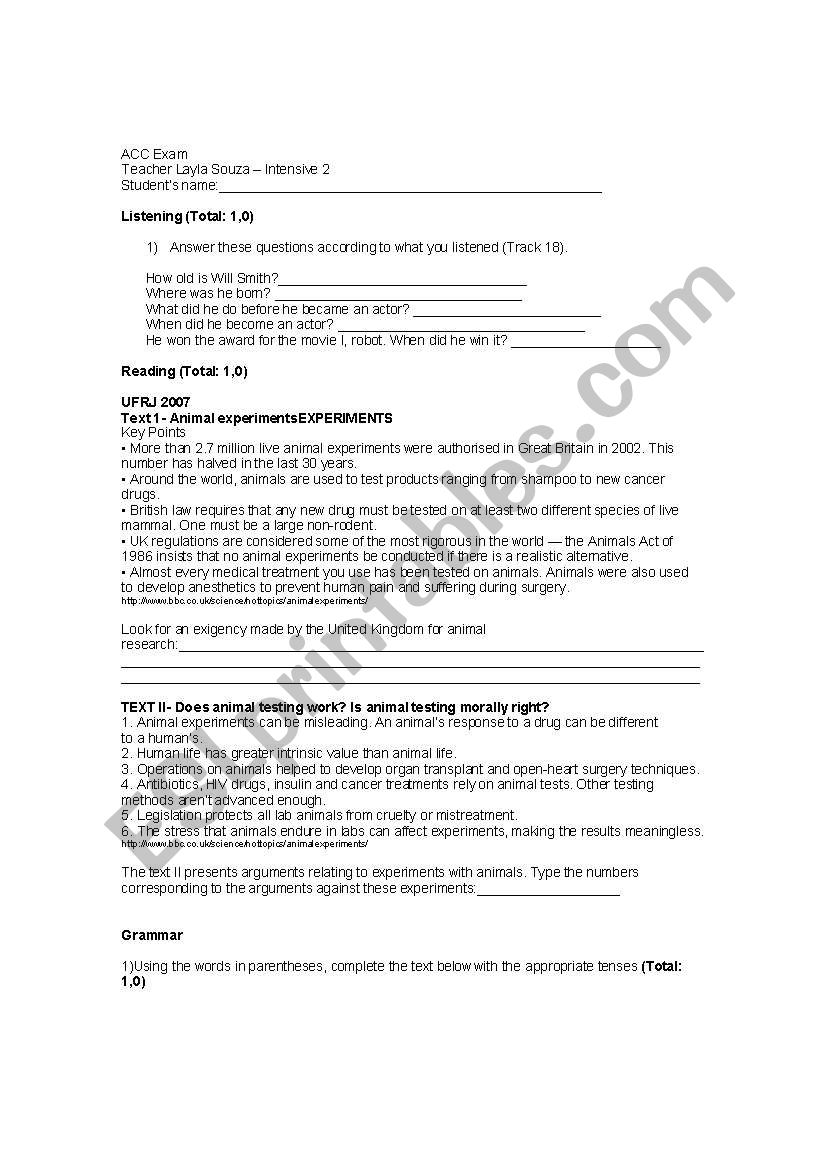 Exam for intermediate levels worksheet