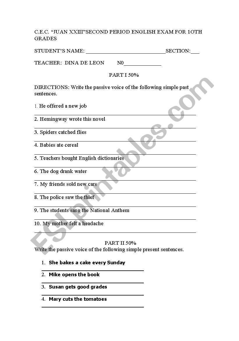 PASSIVE VOICE WRITTEN TEST worksheet