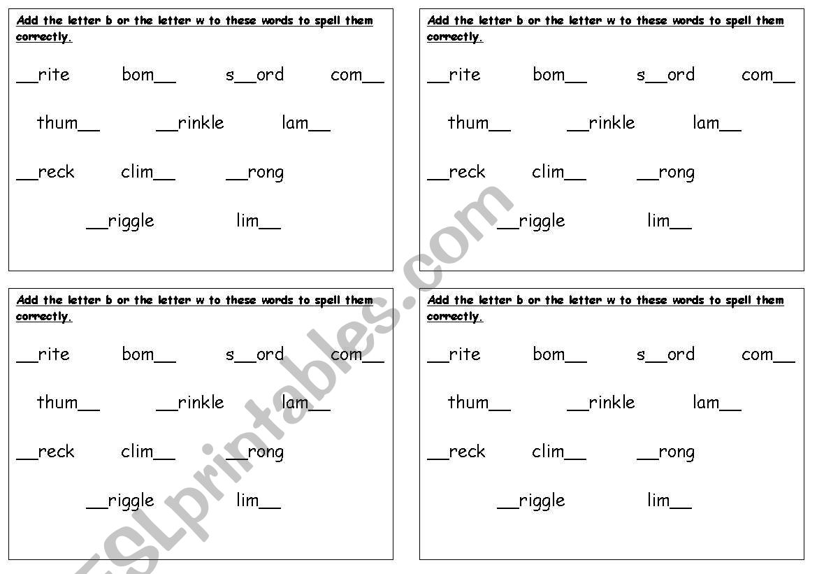  silent letters b and w worksheet