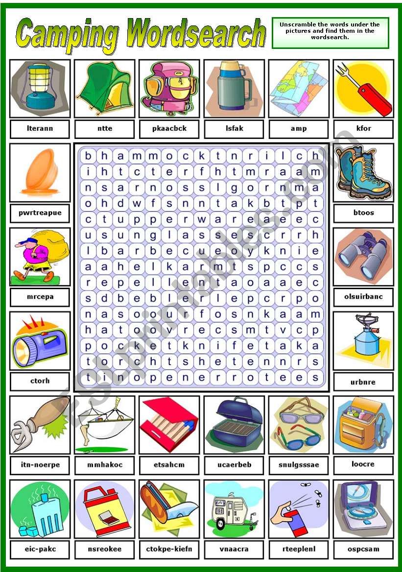 CAMPING WORDSEARCH - (B&W VERSION INCLUDED)