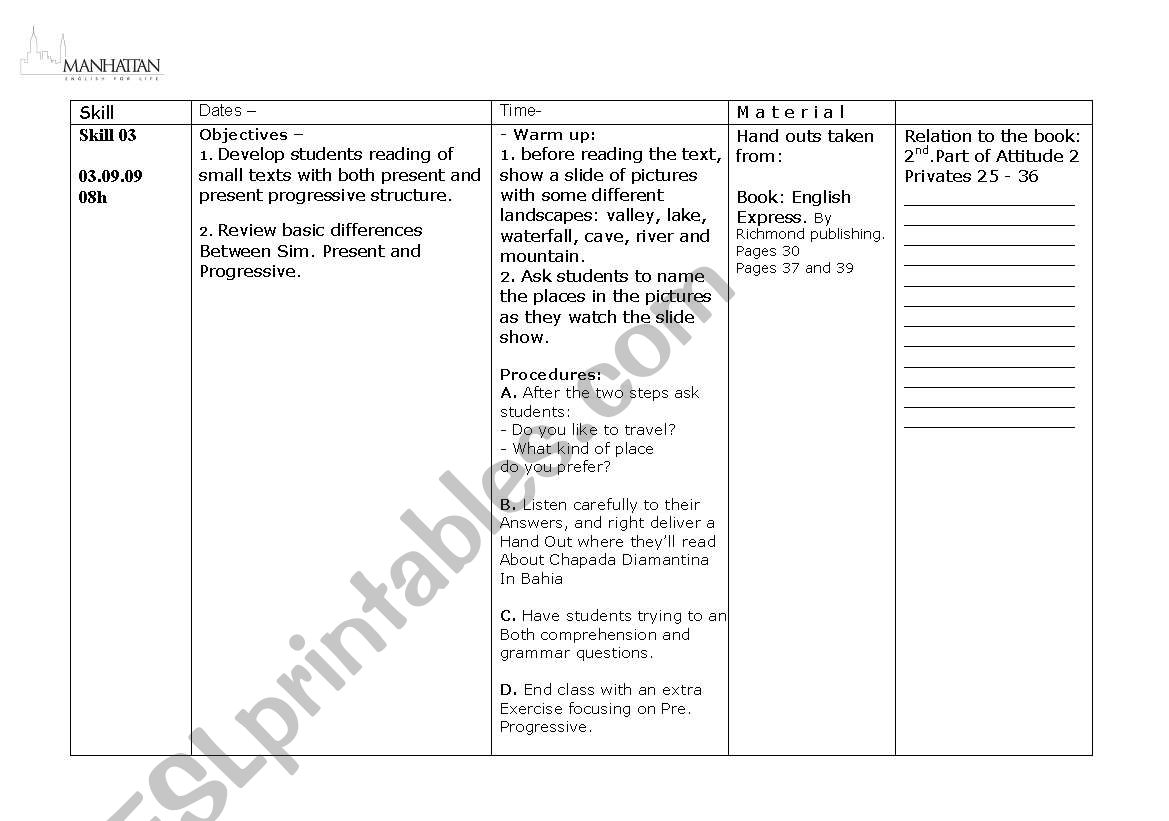 Class Plan for a Skill class worksheet