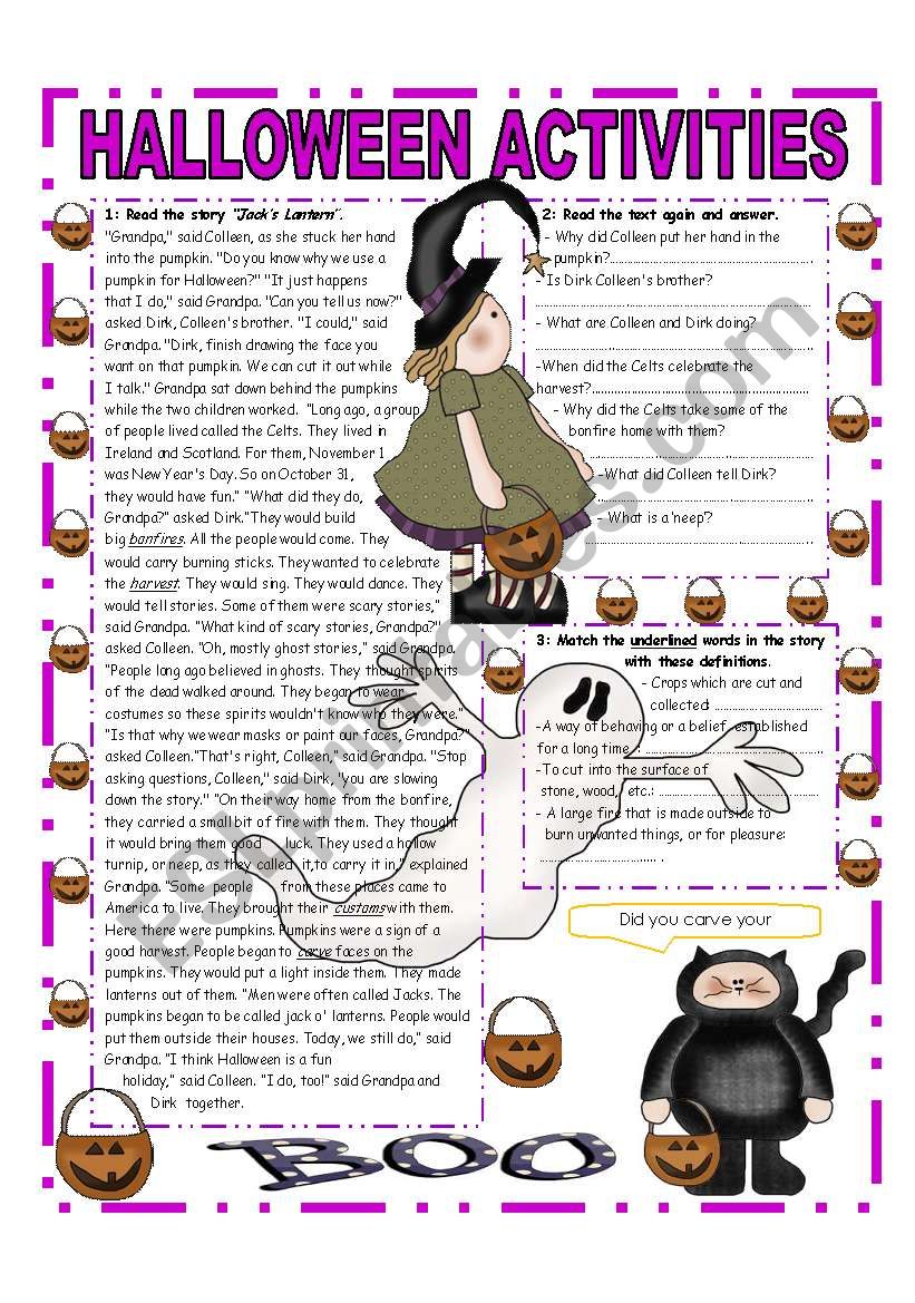 OCTOBER THEME - HALLOWEEN : READING - QUESTIONS AND VOCABULARY (2/3)  UPPER ELEMENTARY