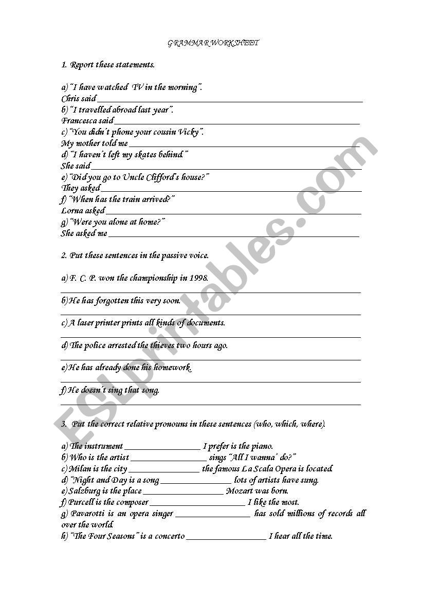 reported speech, passive voice and relative pronouns