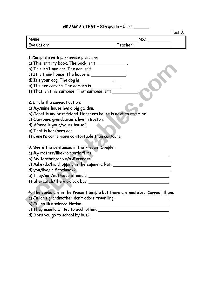 Grammar test worksheet
