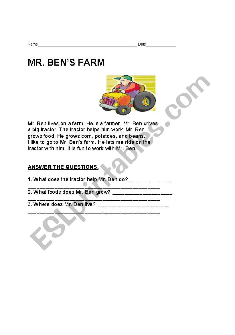 at the farm worksheet