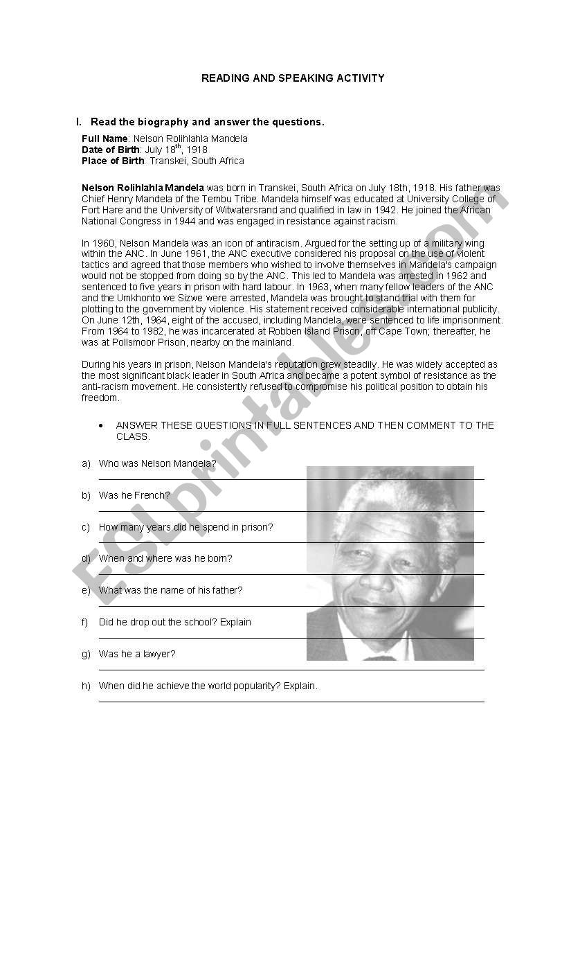Nelson Mandela worksheet