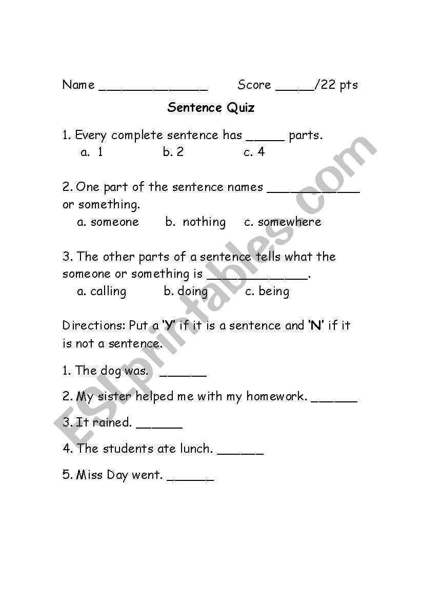 Sentence worksheet