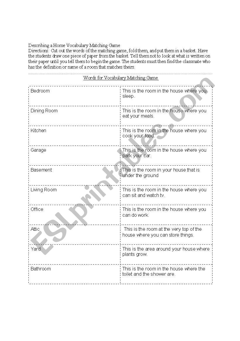 Matching Game for Vocabulary for the Home