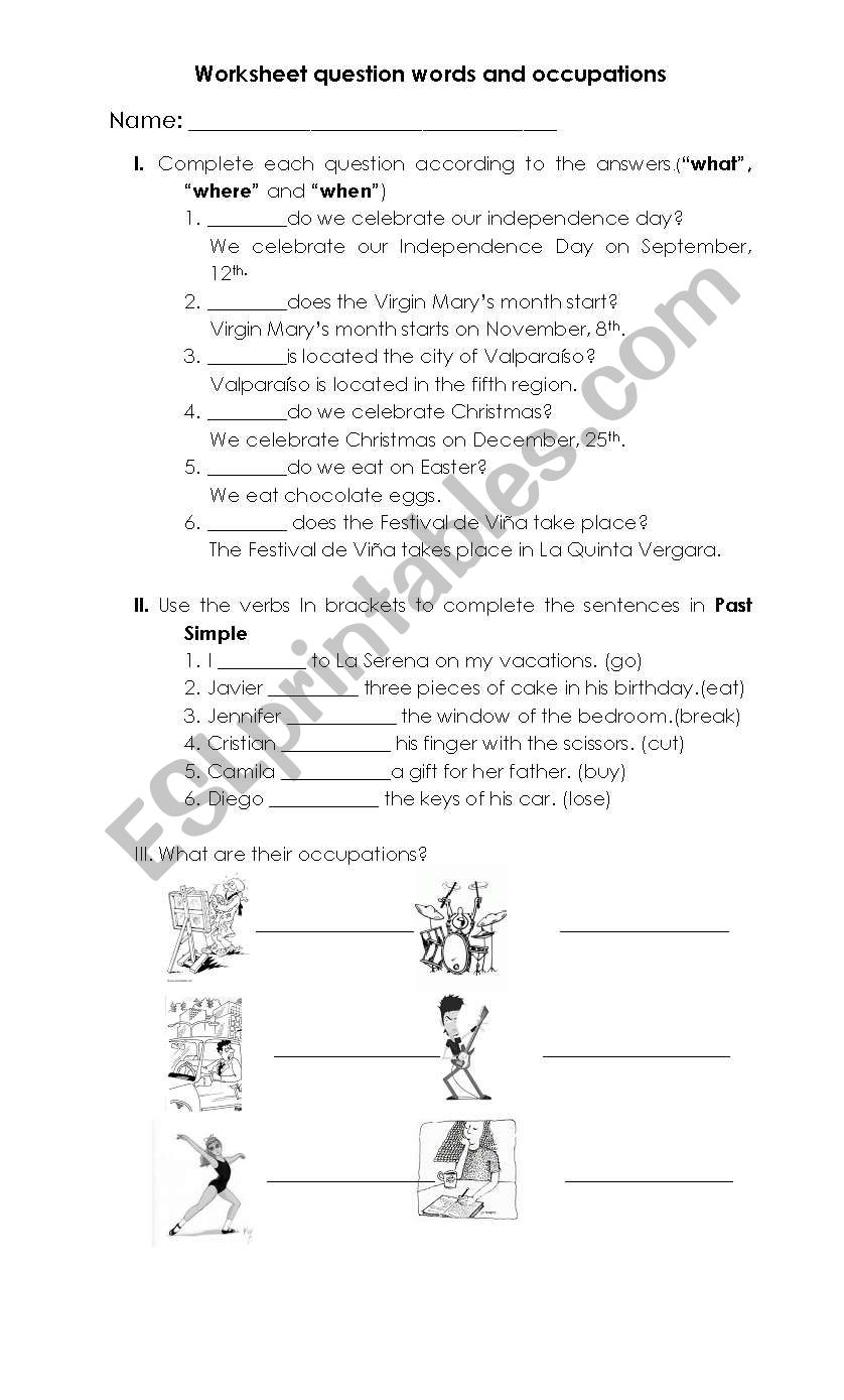 Worksheet on occupations, question words,and past simple