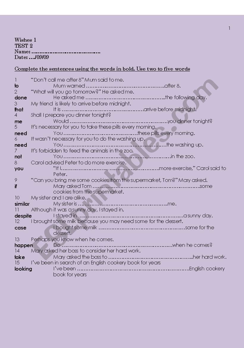 FCE - Wishes  1 Test  Unit 2 worksheet