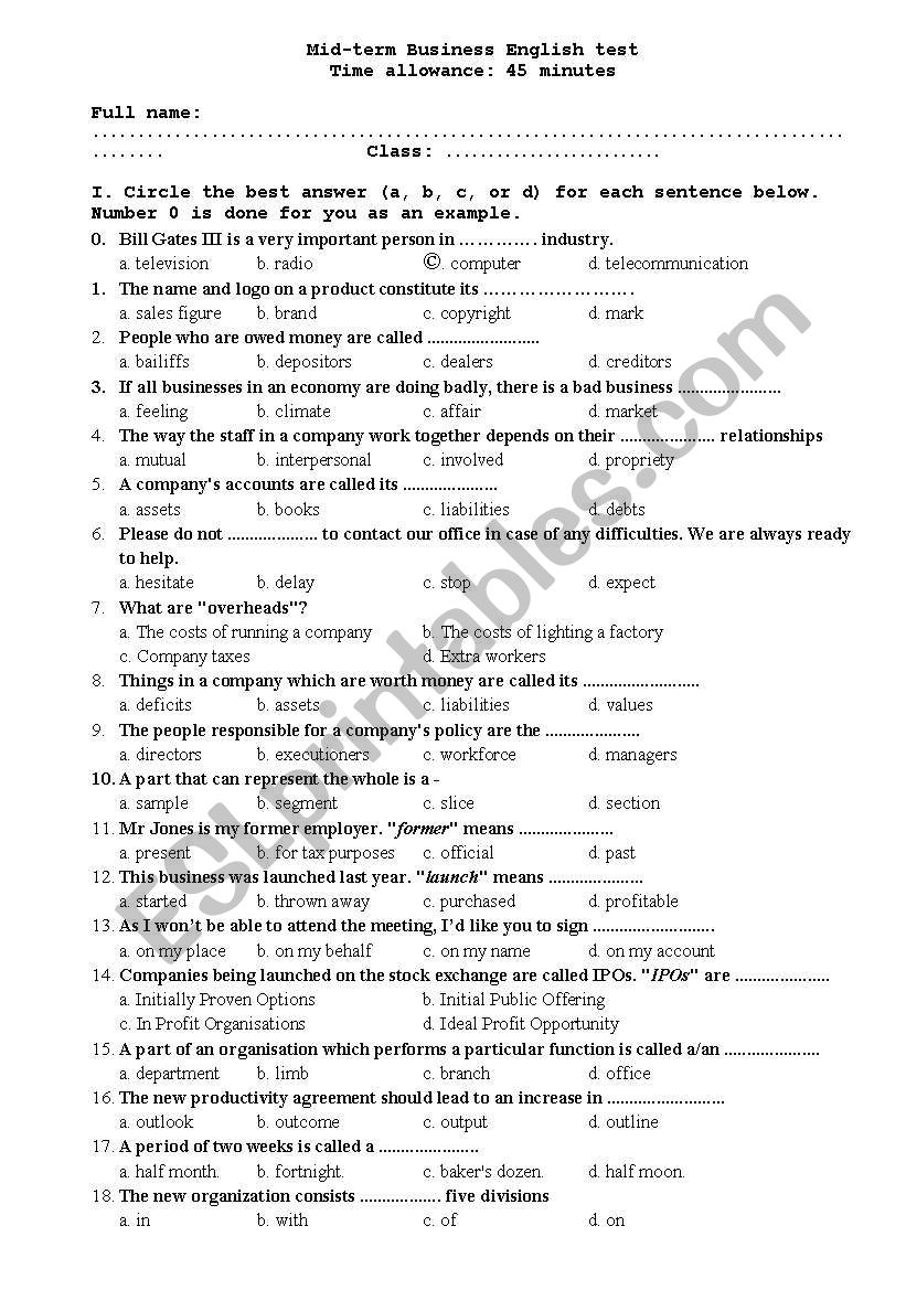 Midterm Business English test 1