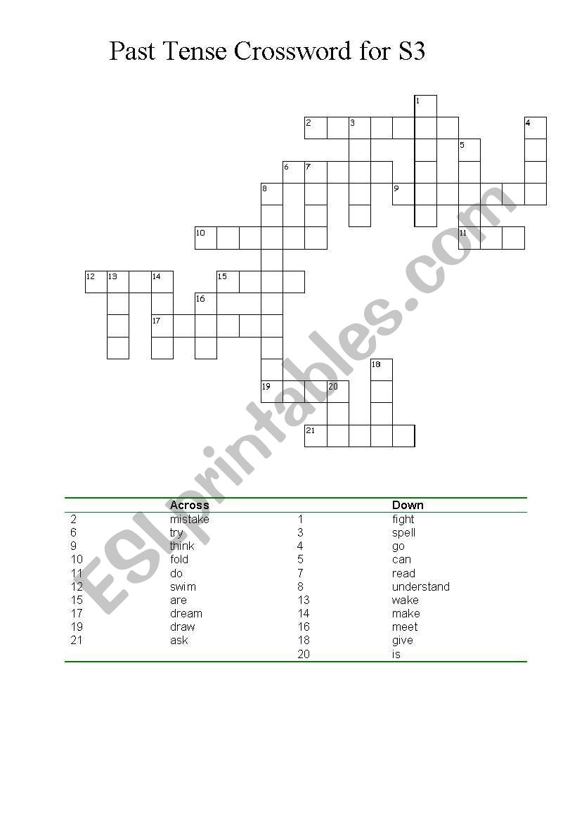 Past tense crossword worksheet