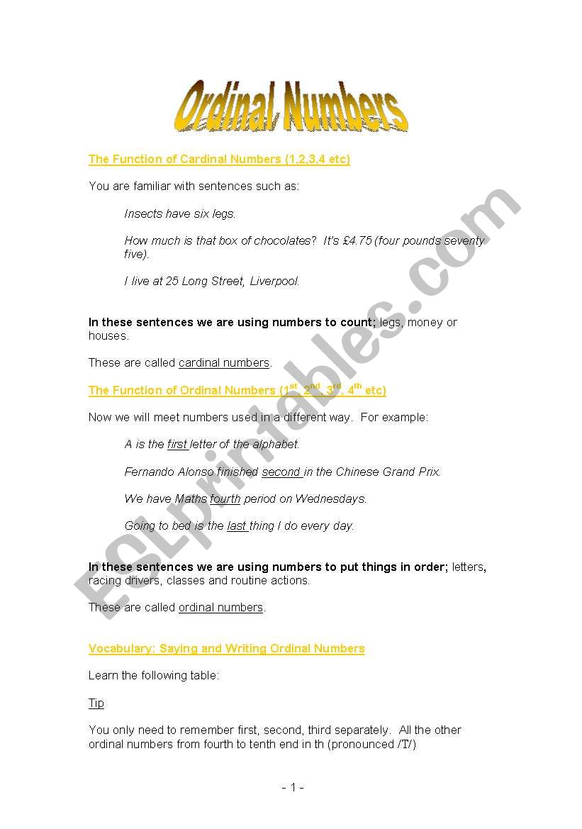 Ordinal Numbers worksheet