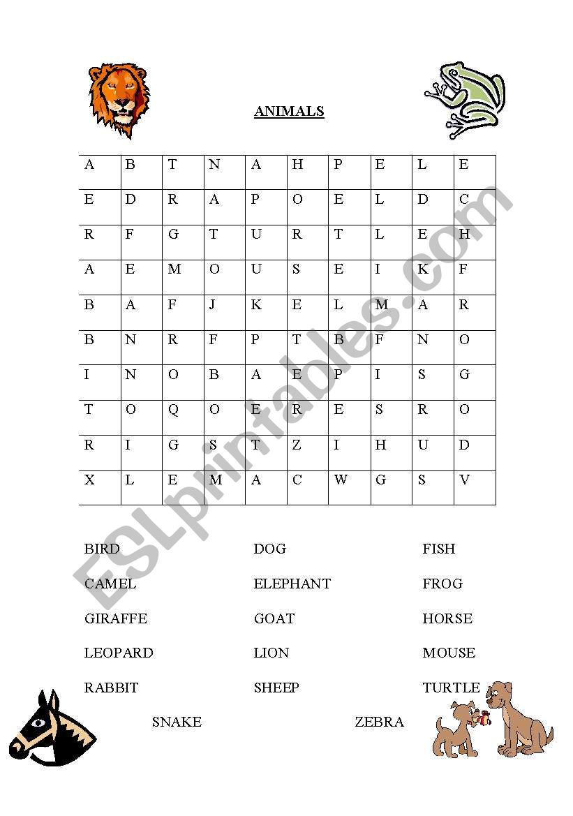 English worksheets Animal word sleuth