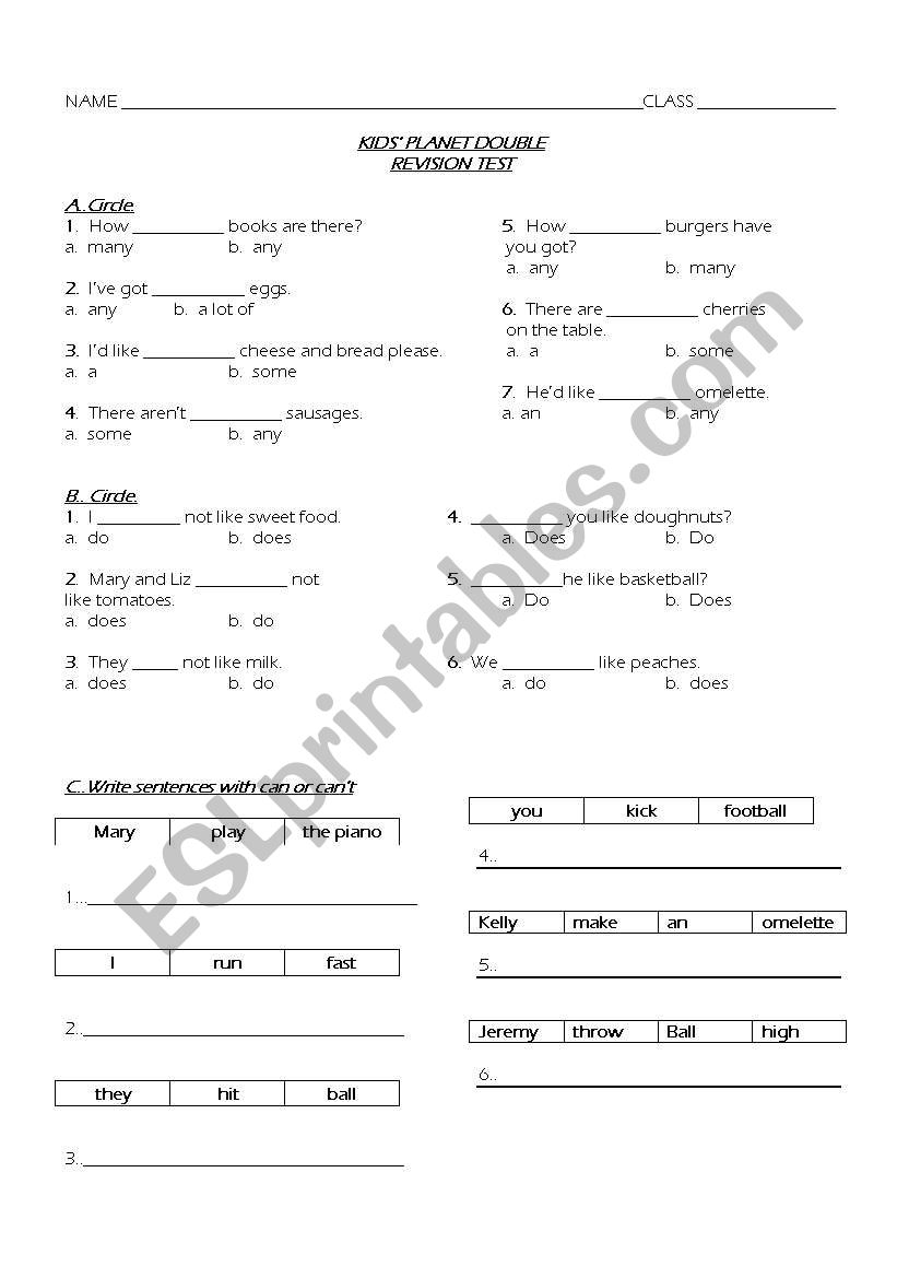 revision test worksheet