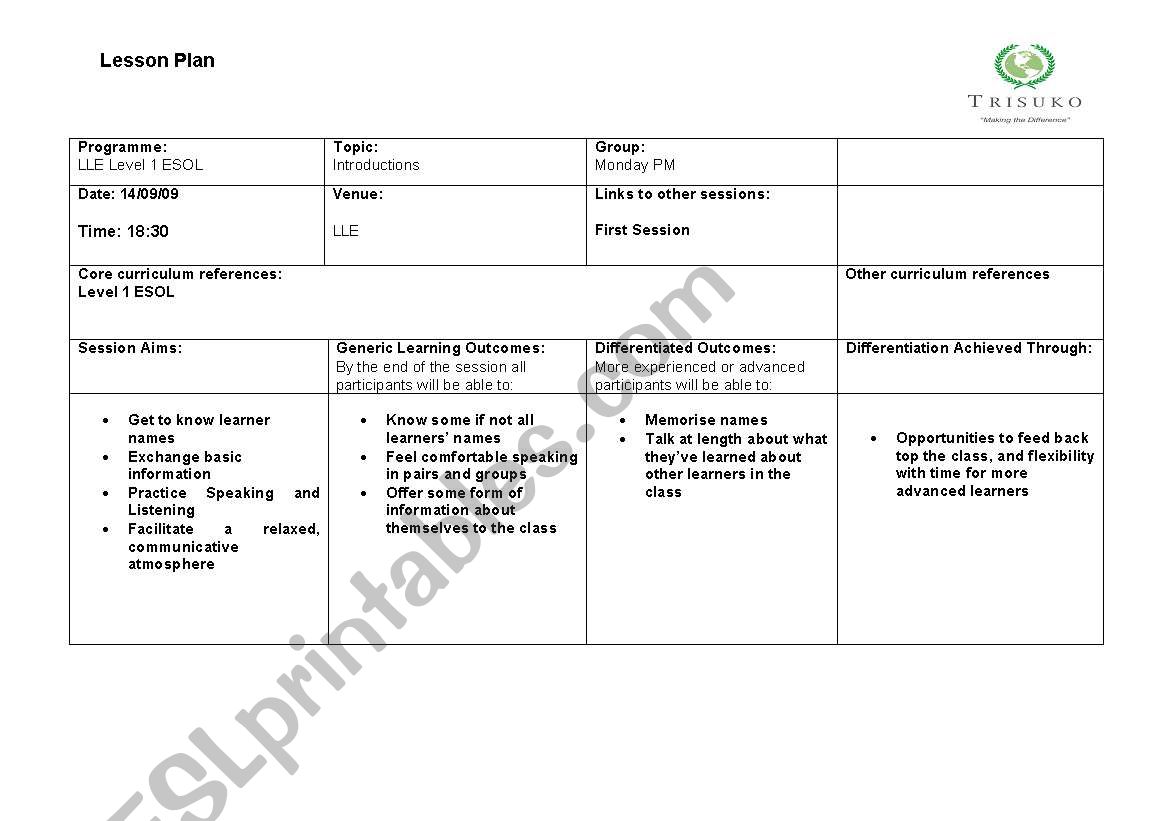 Lesson Plan - Introductions worksheet