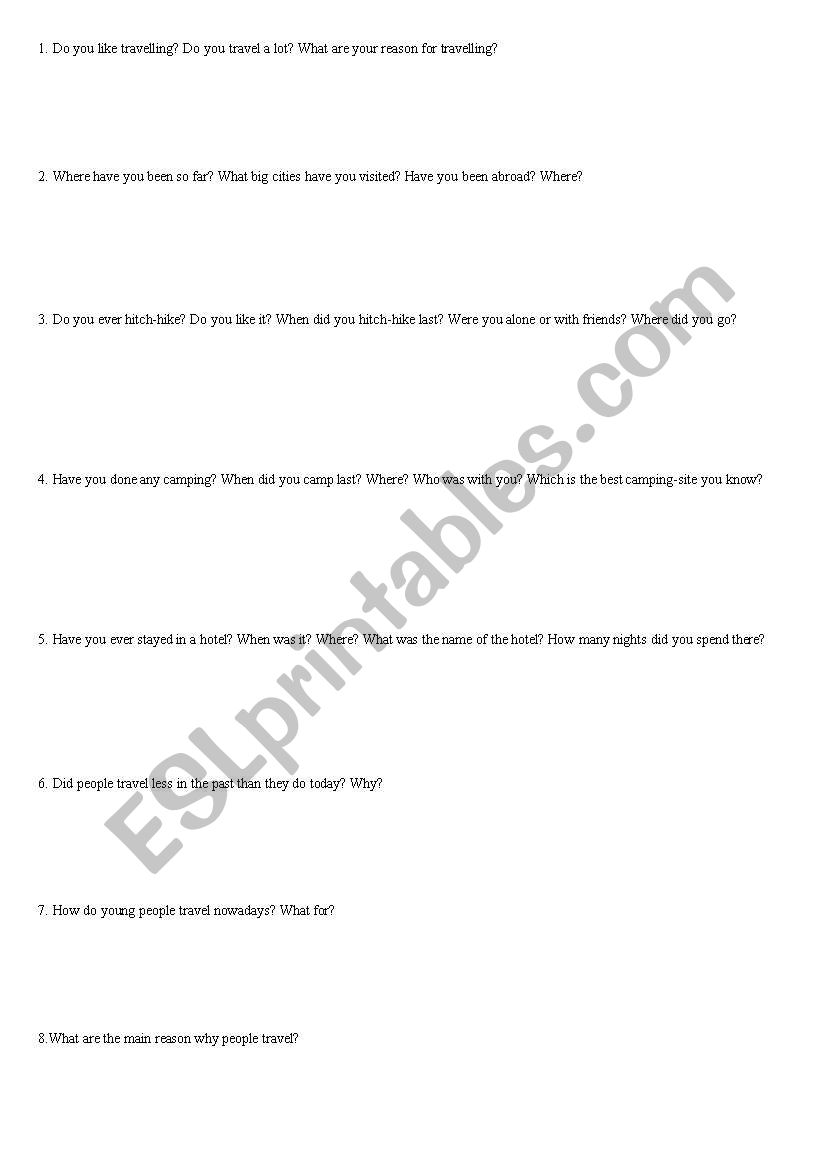 TRAVEL QUESTIONS worksheet