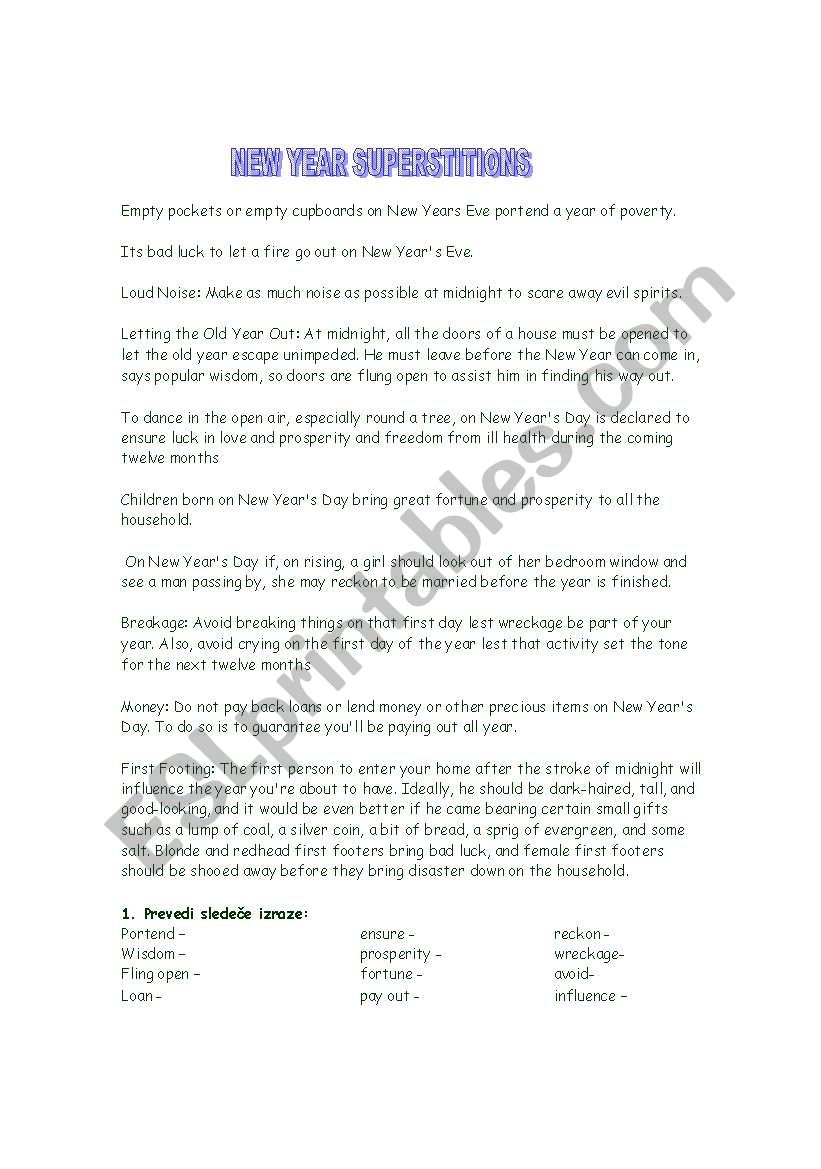 new year superstitions worksheet
