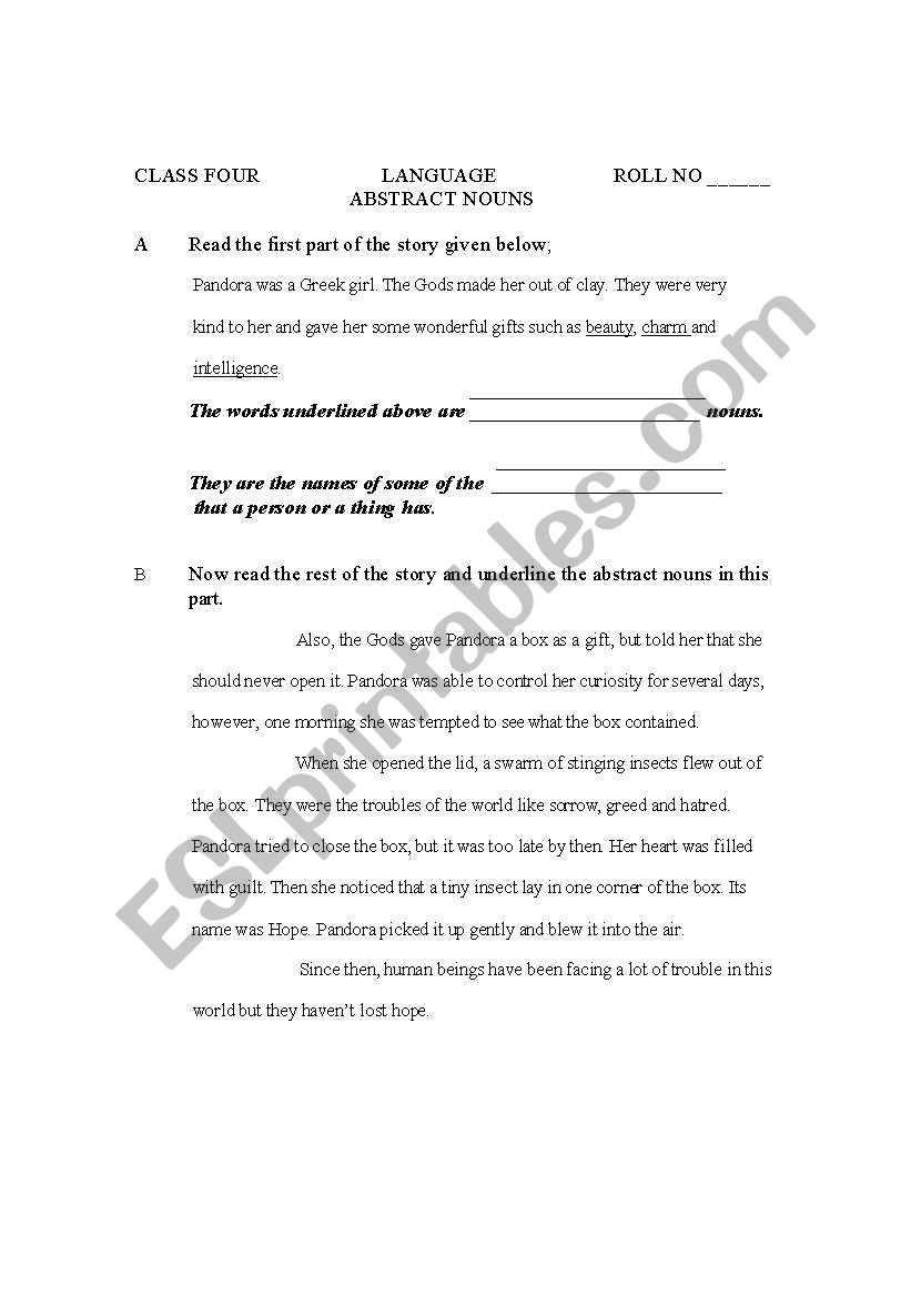 worksheets on abstract nouns worksheet