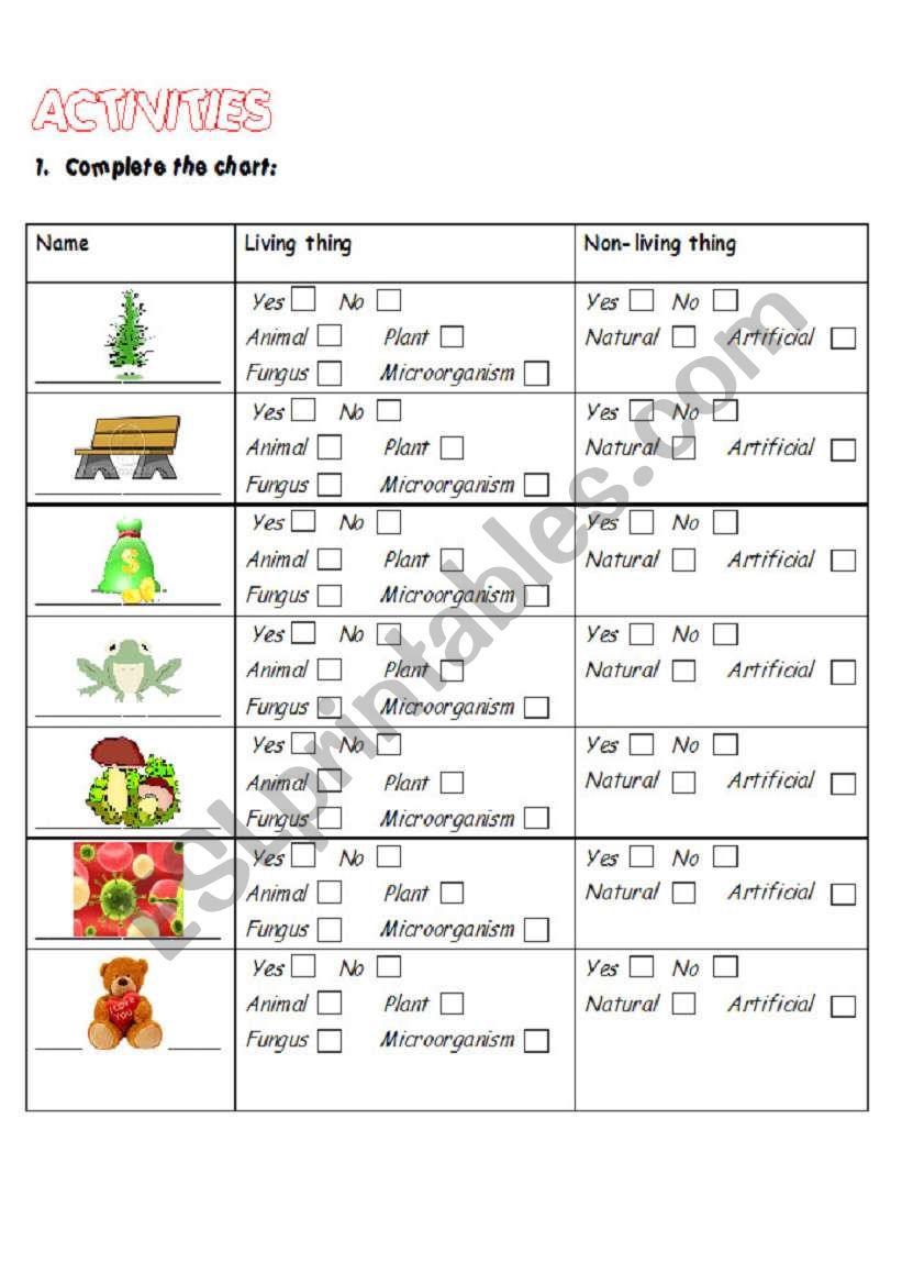 LIVING AND NON LIVING THINGS worksheet