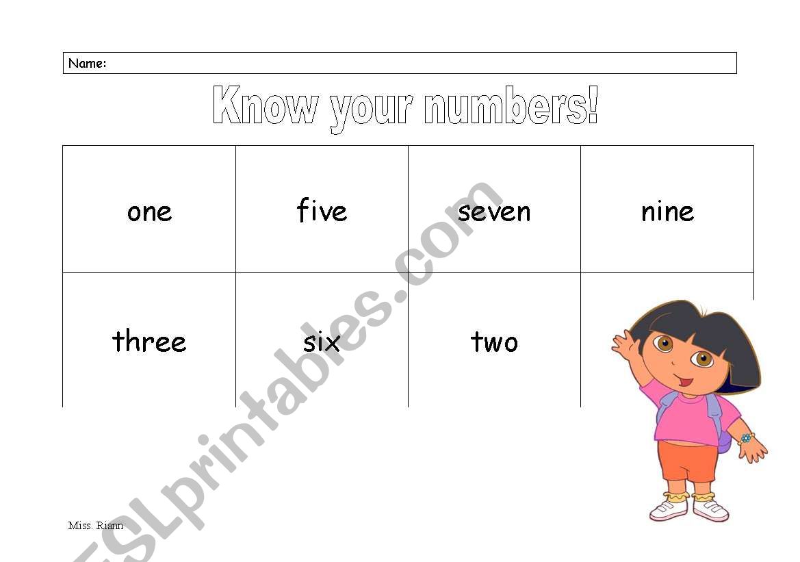 Bingo number names worksheet