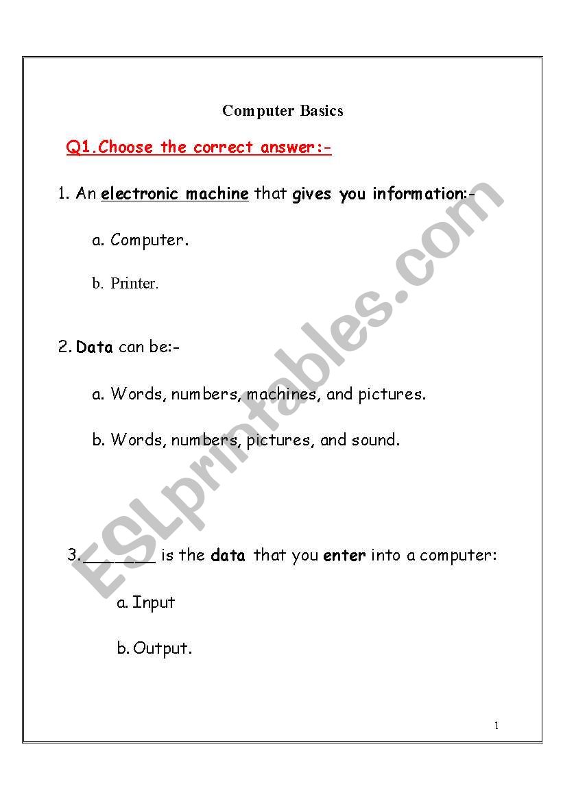 Computer basics worksheet