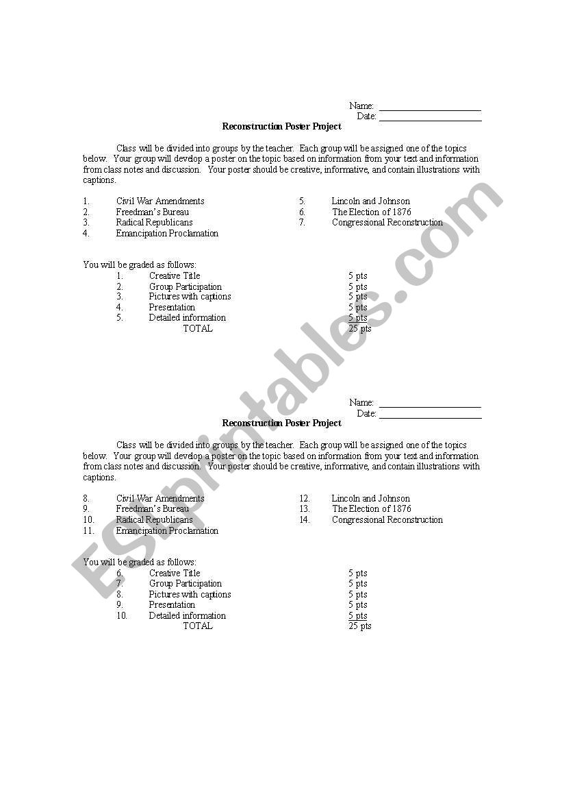 Reconstruction Poster Project worksheet