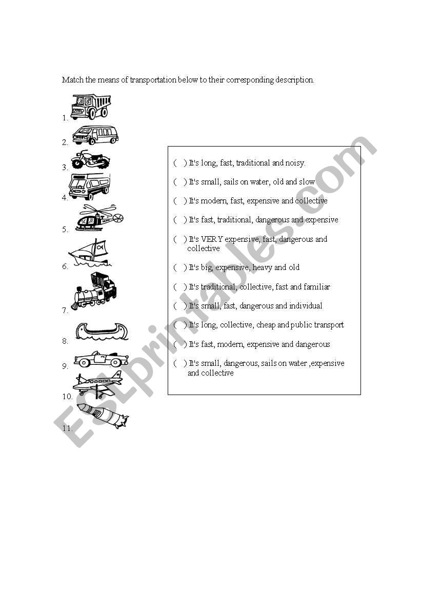 Means of transportation worksheet